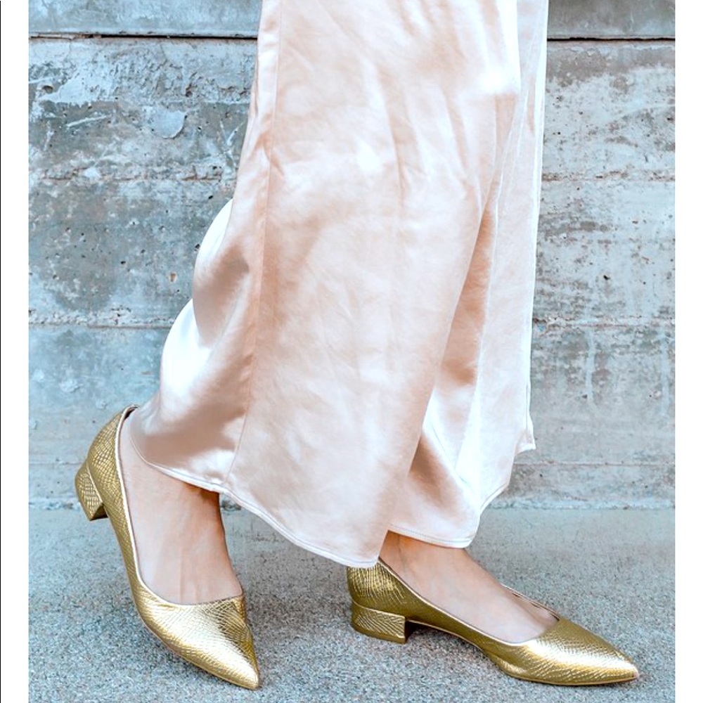 Lulu’s Pointed Toe Low Gold Snake Heel